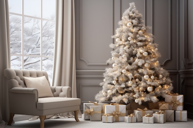 Бесплатное фото Рождественская елка и кресло в гостиной