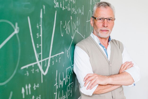 Concentrated aged math teacher leaning on chalkboard
