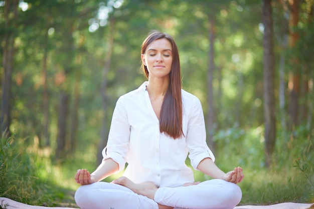 Концентрированный женщина медитации в природе