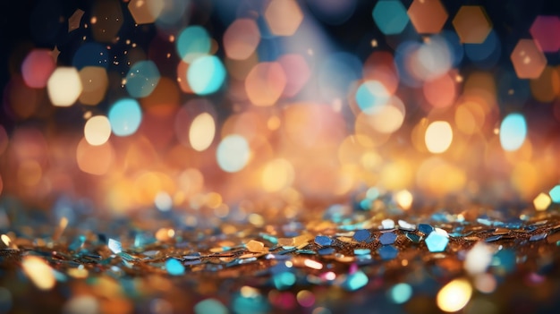 Бесплатное фото Конфетти сверкает, падая на фон огней боке, излучая радость праздника серебряными и яркими цветами.