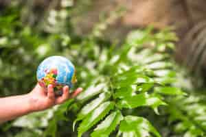 無料写真 植物の前に地球のボールを持っている子供の手のクローズアップ