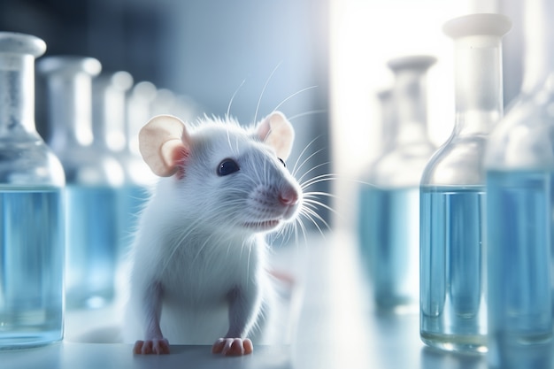 Free photo cute rat in laboratory with glassware