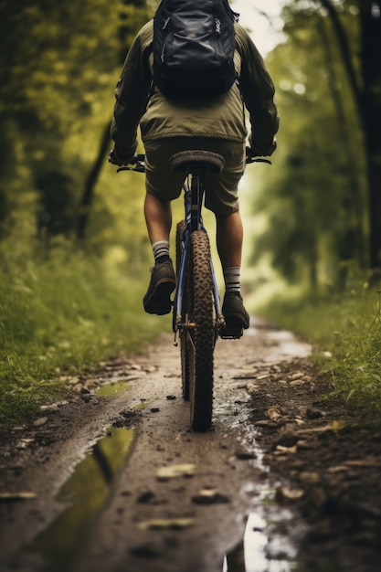 Cyclist riding bicycle in nature