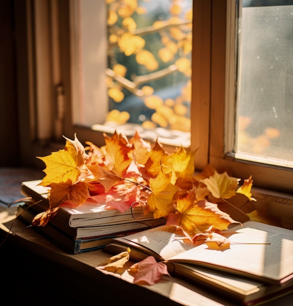Бесплатное фото Сухие осенние листья со стопкой книг