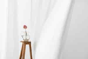 Free photo dry peony flower in a glass jug on a wooden stool in a white room