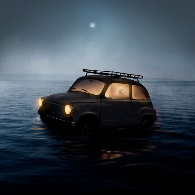 Антиутопический пейзаж с машиной в воде