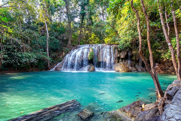 Free photo erawan waterfall in thailand. beautiful waterfall with emerald pool in nature.