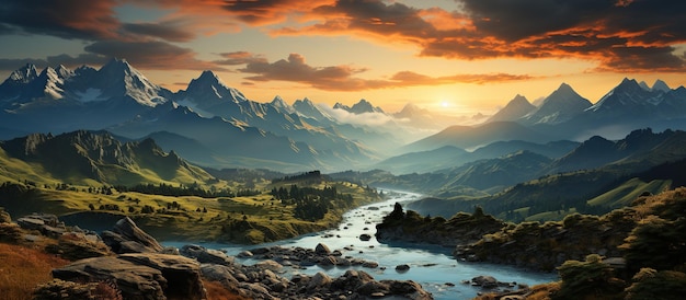 Бесплатное фото Фантастический горный пейзаж с рекой и высокими вершинами на закате