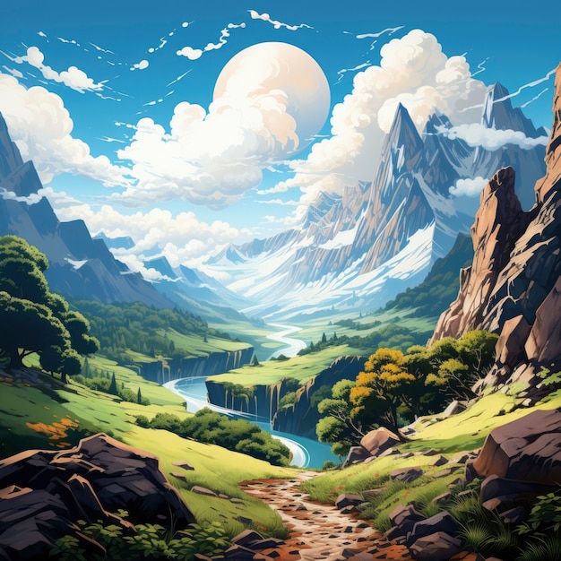 Бесплатное фото Сцена в стиле фэнтези с горным пейзажем