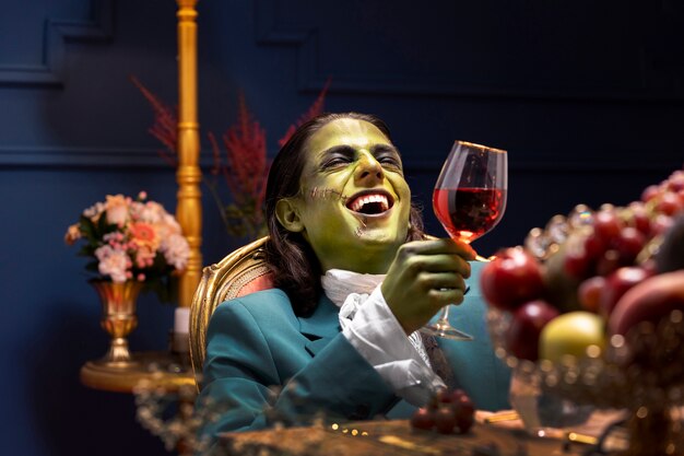 Франкенштейн держит бокал вина, средний план