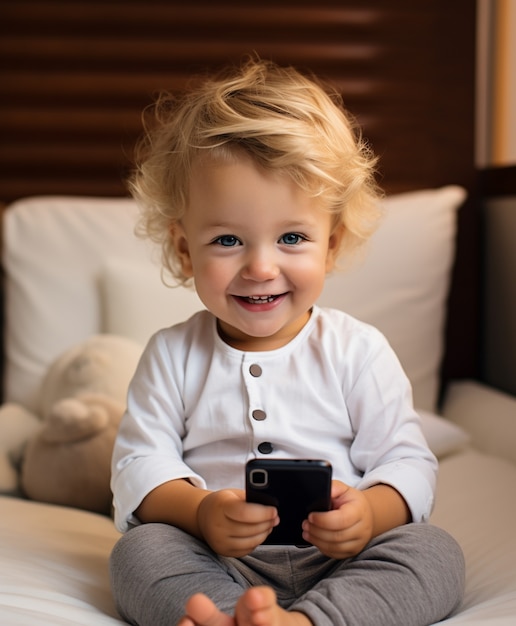 Бесплатное фото Полный снимок ребенка, использующего смартфон в помещении