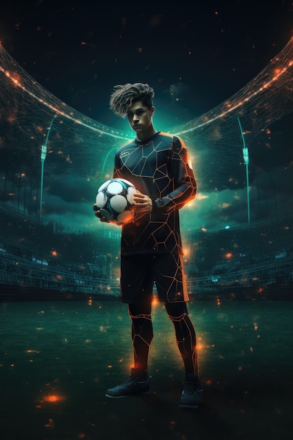 Бесплатное фото Футуристический футболист с светящимися огнями