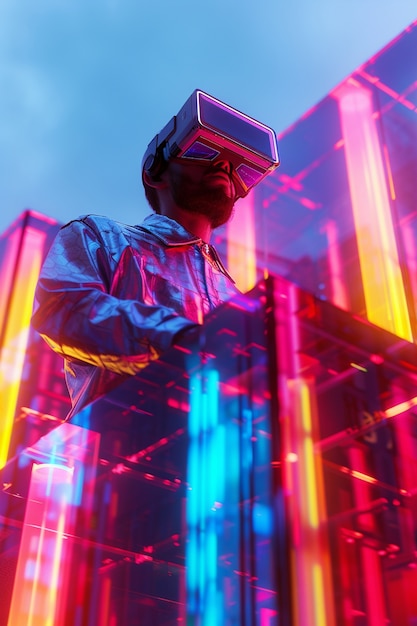 Бесплатное фото Футуристический сет с диджеем, отвечающим за музыку, использующим очки виртуальной реальности
