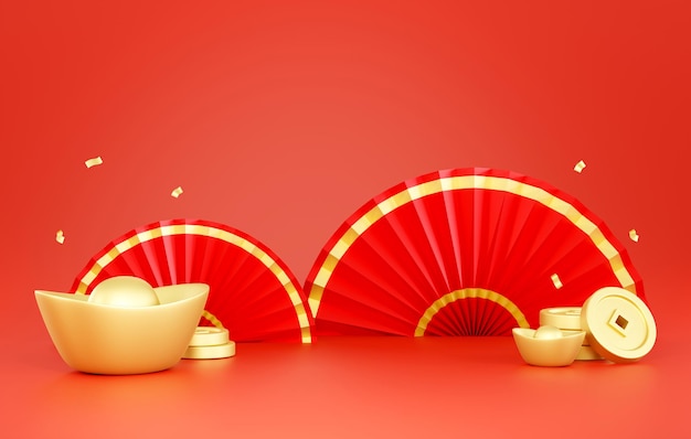 Бесплатное фото Золотые китайские деньги монеты китайский новый год фон 3d иллюстрация пустая презентация сцены дисплея для размещения продукта