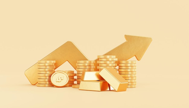 Бесплатное фото Золотая растущая стрелка со стопками золотых монет и золотыми слитками, бизнес и финансовые сбережения, инвестиционная концепция, фон 3d иллюстрация