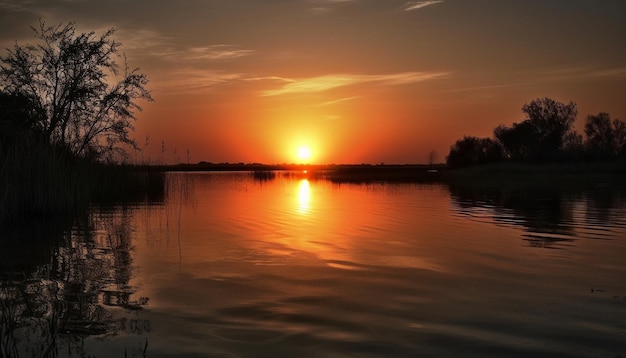 Бесплатное фото Золотое солнце садится над спокойным отражением воды, созданным искусственным интеллектом