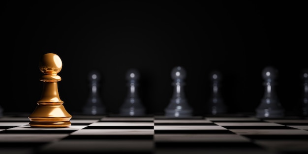 Бесплатное фото Золотая пешка в шахматах встречается с черным врагом в шахматах на темном фоне для идеи стратегии и футуристической концепции