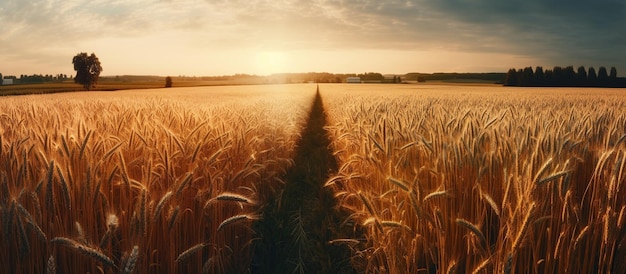 Золотое пшеничное поле на закате, сгенерированное AI изображение