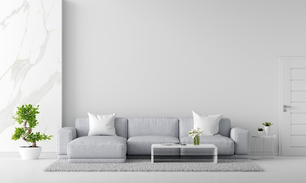 Foto gratuita divano grigio all'interno del soggiorno bianco con rendering 3d dello spazio della copia