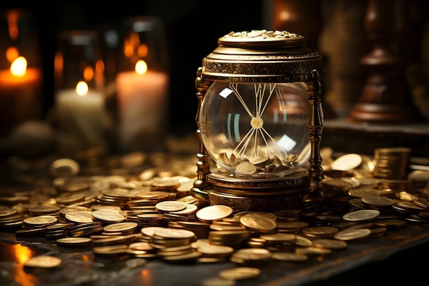 Бесплатное фото Песочные часы с золотыми монетами обои