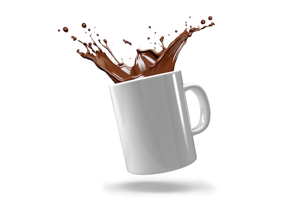 Бесплатное фото Изображение белой кружки с всплеском кофе на белом фоне