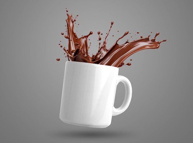 Бесплатное фото Изображение брызг кофе на белой кружке на сером фоне