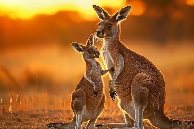 Free photo kangaroos at sunset in dreamy style