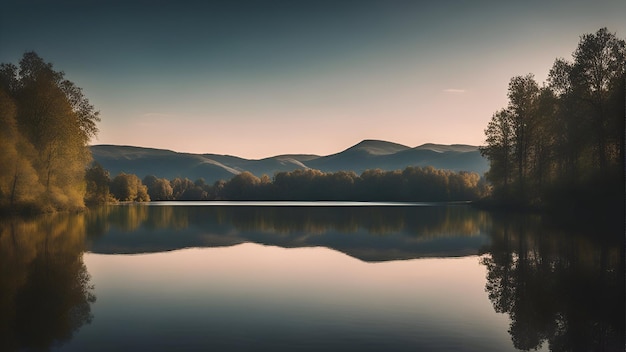 Бесплатное фото Озеро в горах на рассвете 3d-рендеринг компьютерный цифровой рисунок