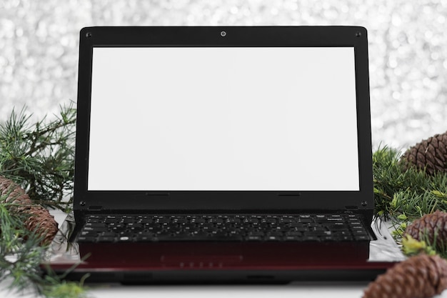Foto gratuita computer portatile con rami di abete e coni