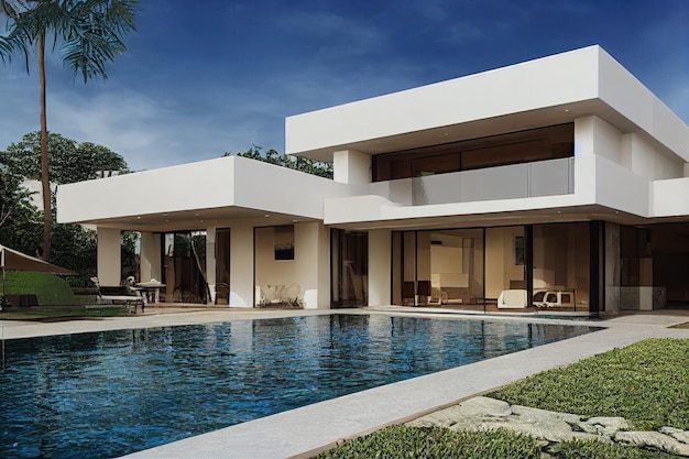 Бесплатное фото Роскошная вилла с бассейном, впечатляющий современный дизайн, цифровое искусство, недвижимость, дом, дом и недвижимость
