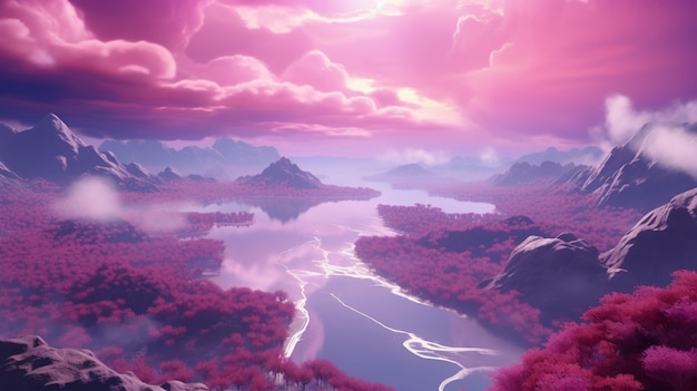 Бесплатное фото Пурпурный пейзаж с фантастической природой