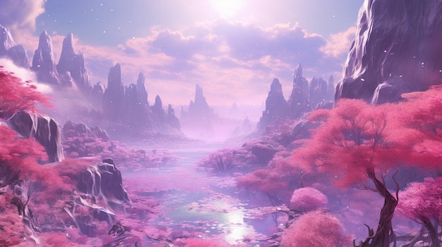 Бесплатное фото Пурпурный пейзаж с фантастической природой