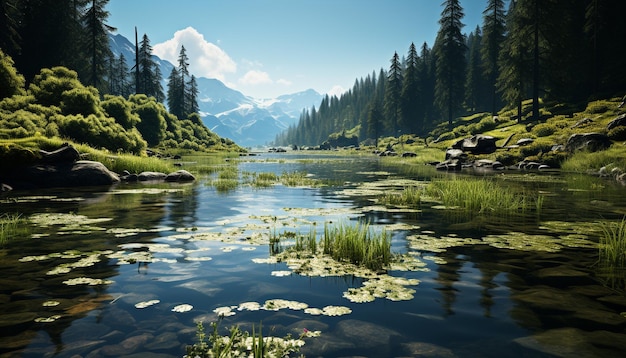 Бесплатное фото Величественная горная вершина отражается в спокойном голубом пруду, созданном искусственным интеллектом.