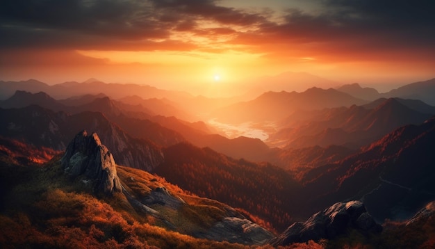 Бесплатное фото Величественный горный хребет, спокойный луг, панорамный горизонт, экстремальное приключение на местности, созданное искусственным интеллектом