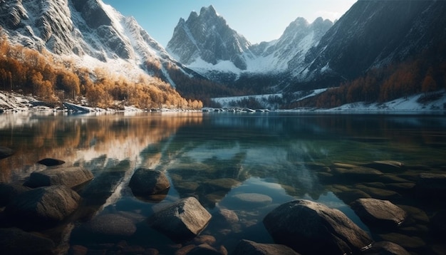 Бесплатное фото Величественный горный массив отражает спокойную красоту природы, созданную искусственным интеллектом