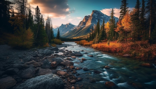 Бесплатное фото Величественные скалистые горы отражают спокойные цвета заката, созданные искусственным интеллектом