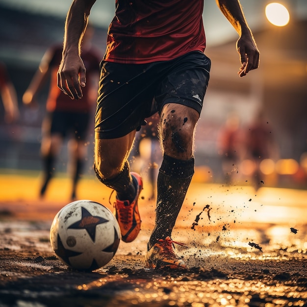 Бесплатное фото Футболист мужского пола с мячом на травяном поле