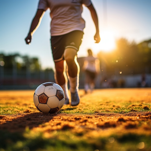 Футболист мужского пола с мячом на травяном поле