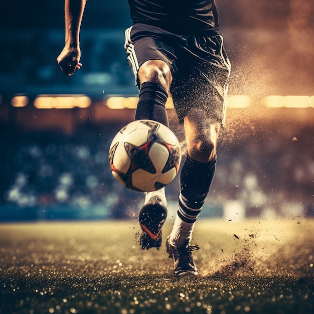 Free photo male soccer player with ball on the grass field
