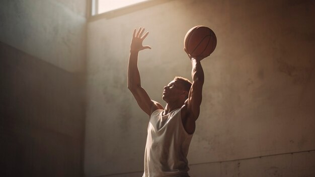 Мужчина среднего роста играет в баскетбол