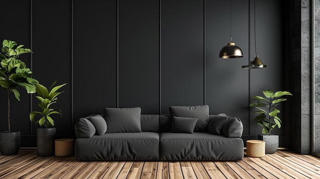 Foto gratuita un interno nero minimalista con un divano nero