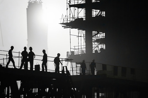 Foto gratuita scena monocromatica che raffigura la vita dei lavoratori in un cantiere dell'industria edile