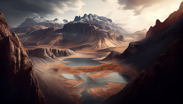 Бесплатное фото Горный пейзаж величественный пик спокойное отражение потрясающий закат, сгенерированный ии