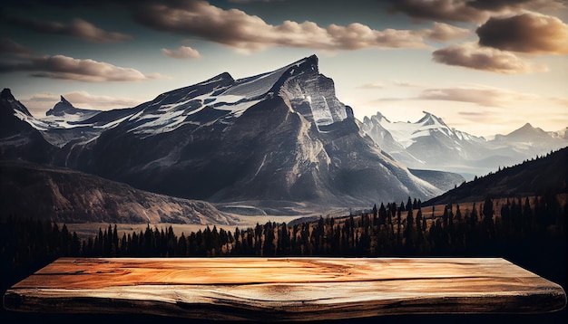 Бесплатное фото Горный пейзаж с деревянным столом на открытом воздухе, генеративный ии