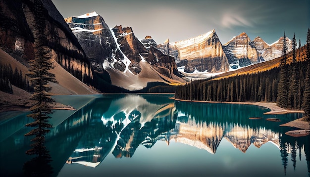 Бесплатное фото Горный пейзаж, спокойные воды, величественные скалистые вершины, созданные искусственным интеллектом
