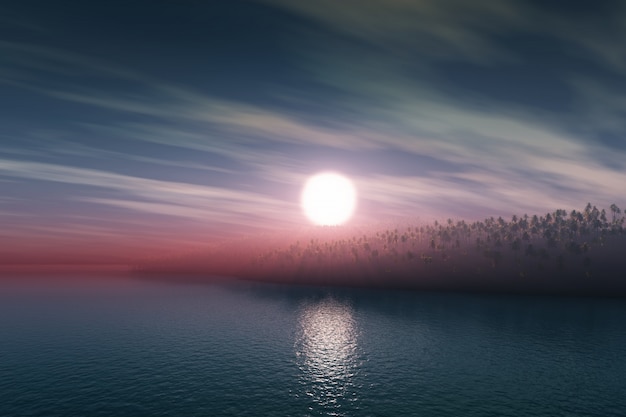 Бесплатное фото 3d визуализации острова пальмы на фоне туманной закат небо
