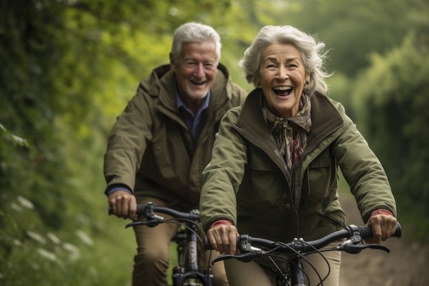 Older couple riding their bikes together outdoors