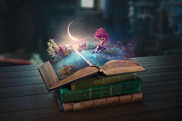 Free photo open book with fairytale scene
