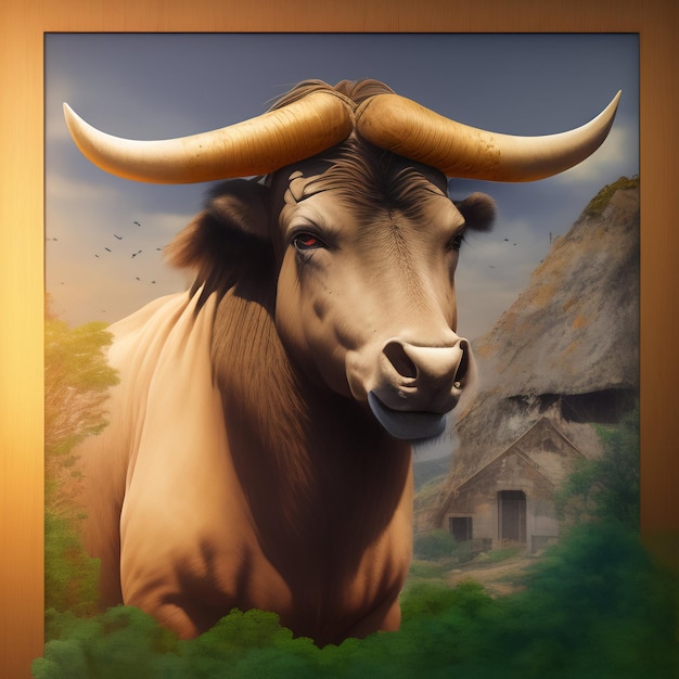 Картина быка с рогами и домом на заднем плане.