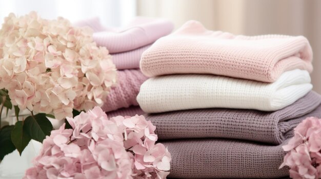 Free photo pastel wool sweaters and hydrangea a collection of soft pastel pink wool sweaters neatly folded on a table